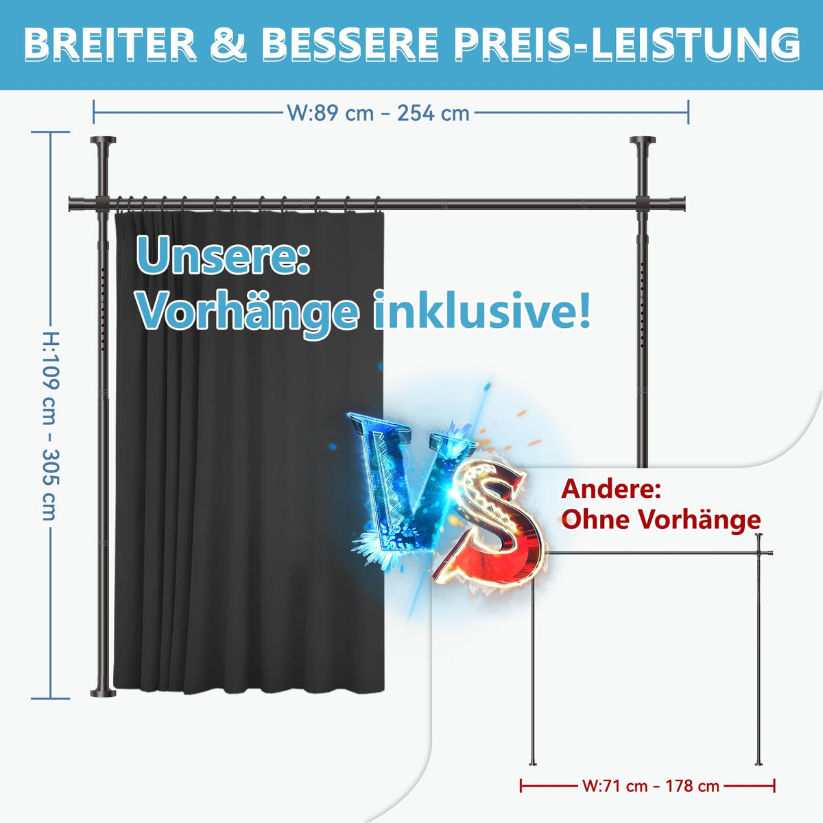 JILRON ROOM DIVIDER CURTAIN COMPLETE SET 1 BLACK CURTAIN: H 213cm x W 270cm POLE: H109-305cm x W89-254cm Ideal for Rental Homes