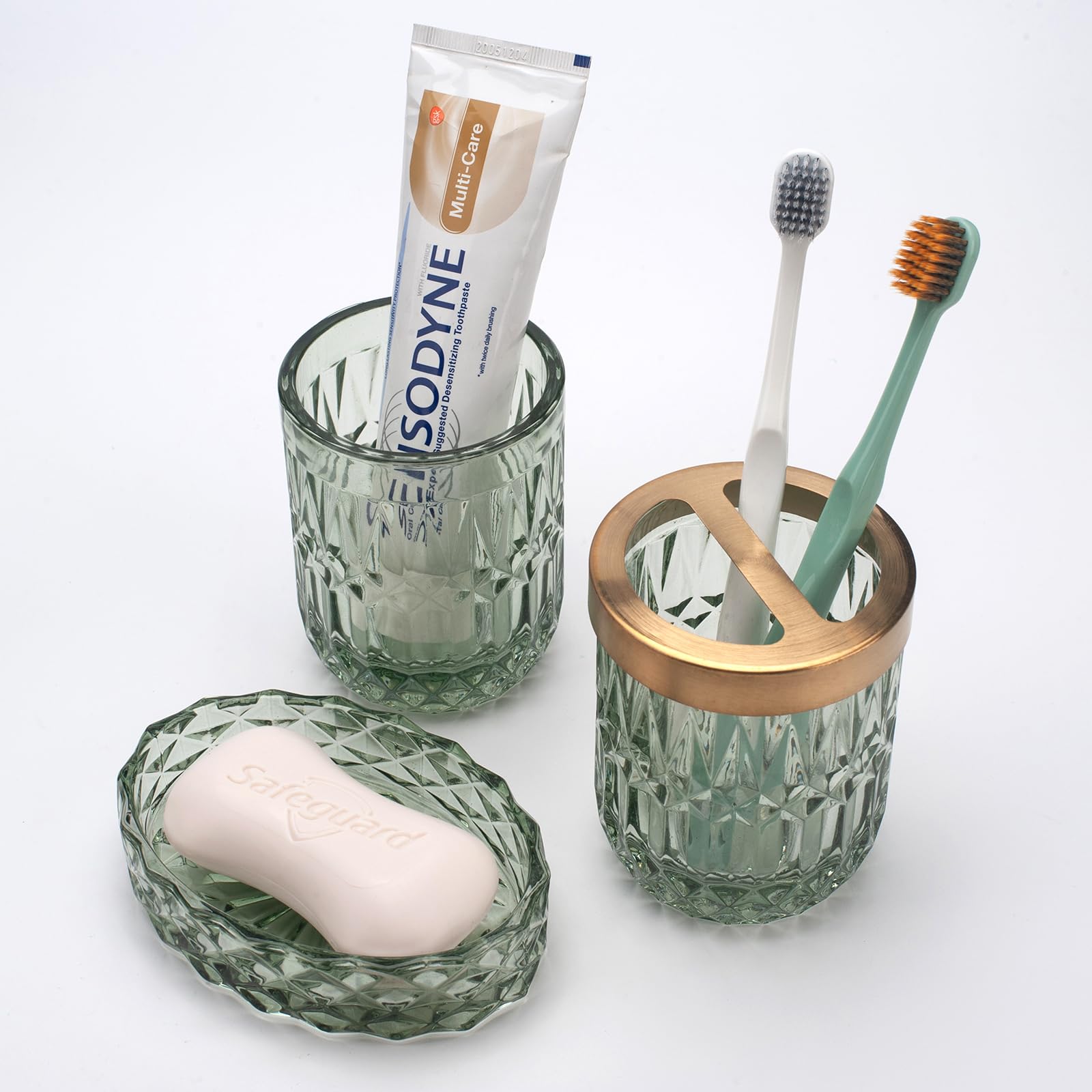 5-Piece Green Glass Bathroom Accessories Set – Vintage Decor