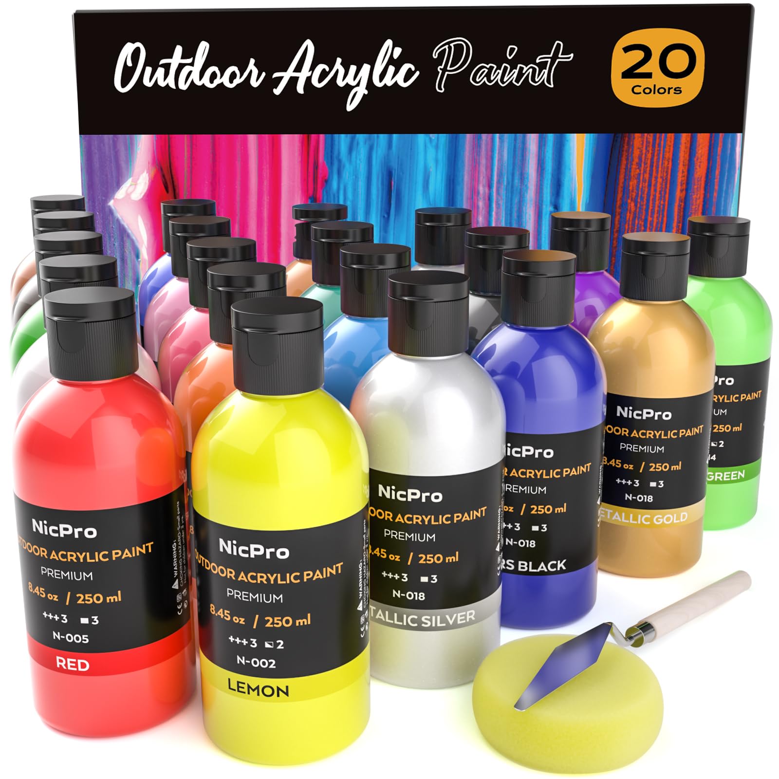 Nicpro Outdoor Acrylic Paint Set – 20 Colors, 250ml Bulk Art Supplies
