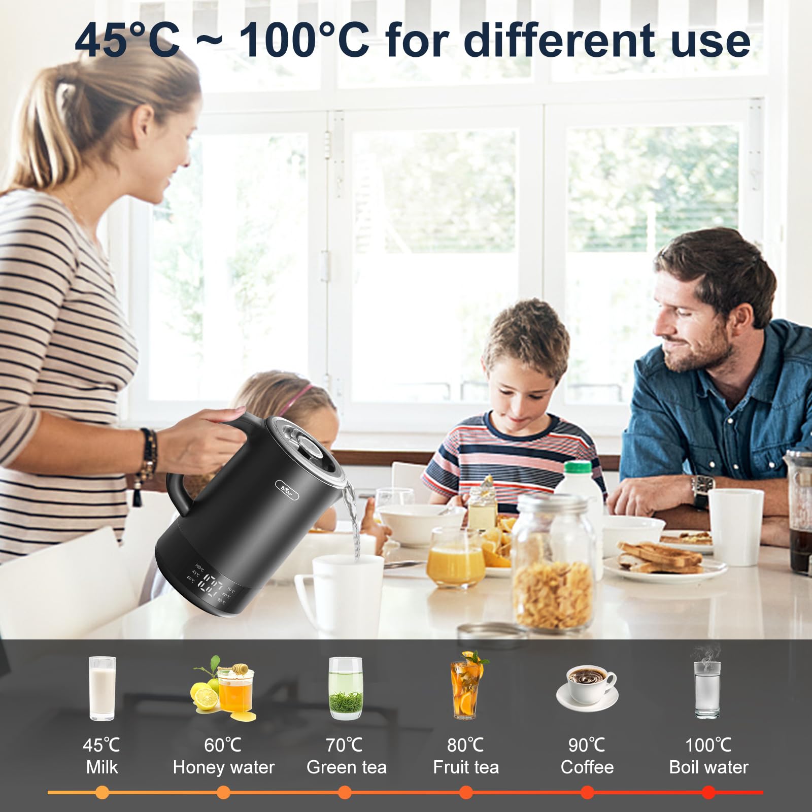 Bear 1.7L Electric Kettle – 6 Temperature Settings & Stainless Steel