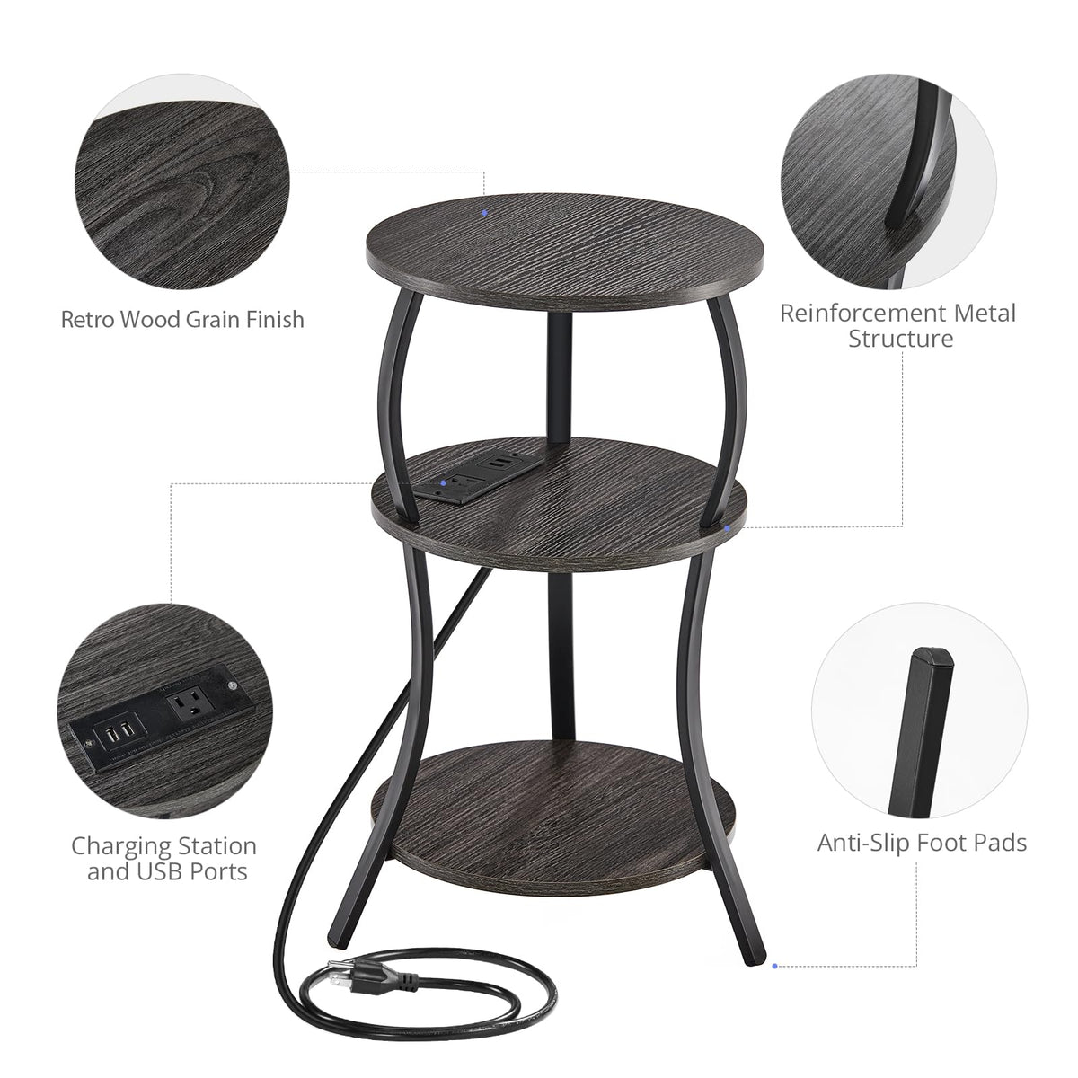 YEAKOO Bedside Table with Charging Station & 4 Sockets, Vintage Round 3-Tier End Table with USB Ports & UK Plugs - image 5