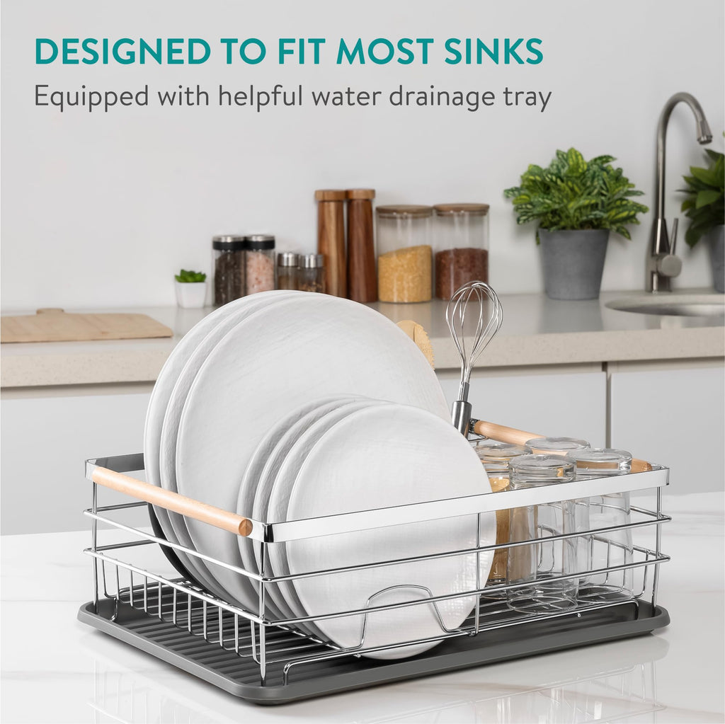 Navaris Compact Dish Drying Rack with Drip Tray and Wooden Handles – Silver