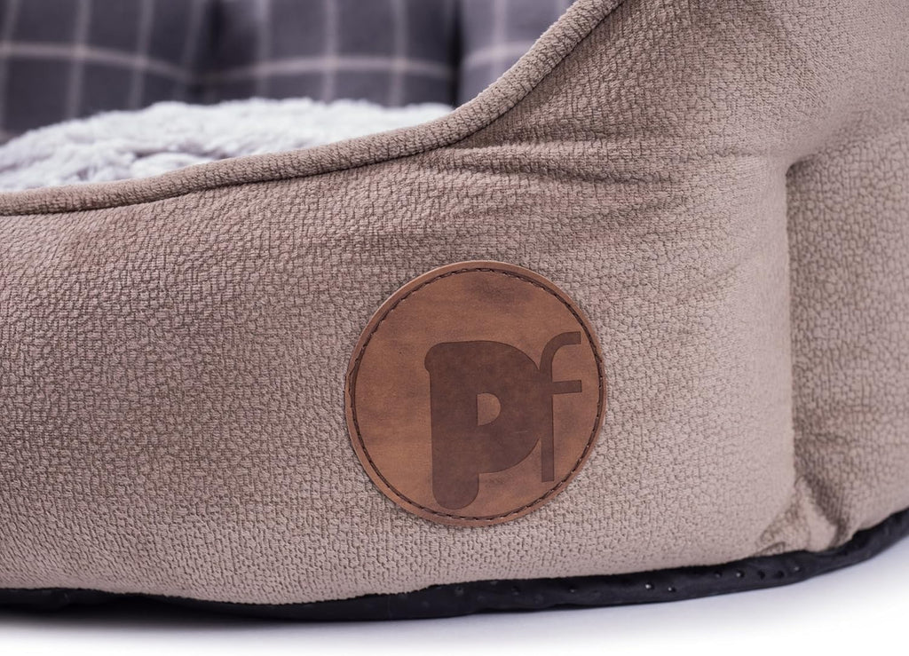 Petface Check and Bamboo Oval Dog Bed - Large Plush Grey Cat Bed