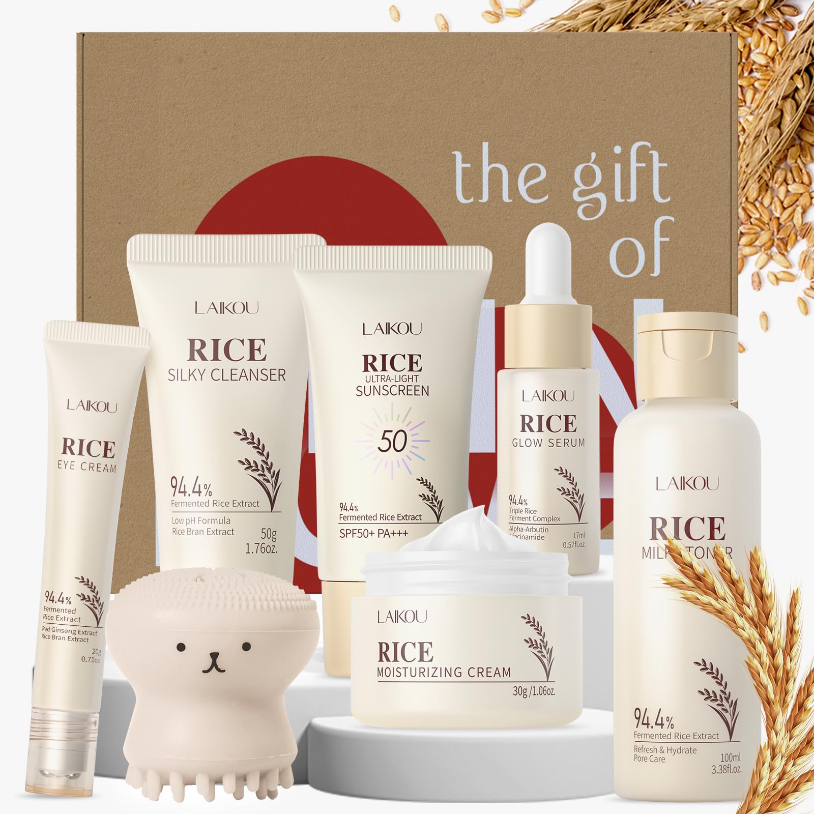 LAIKOU 7PCS Korean Rice Skincare Set | Hydrating Face Care Kit with Niacinamide