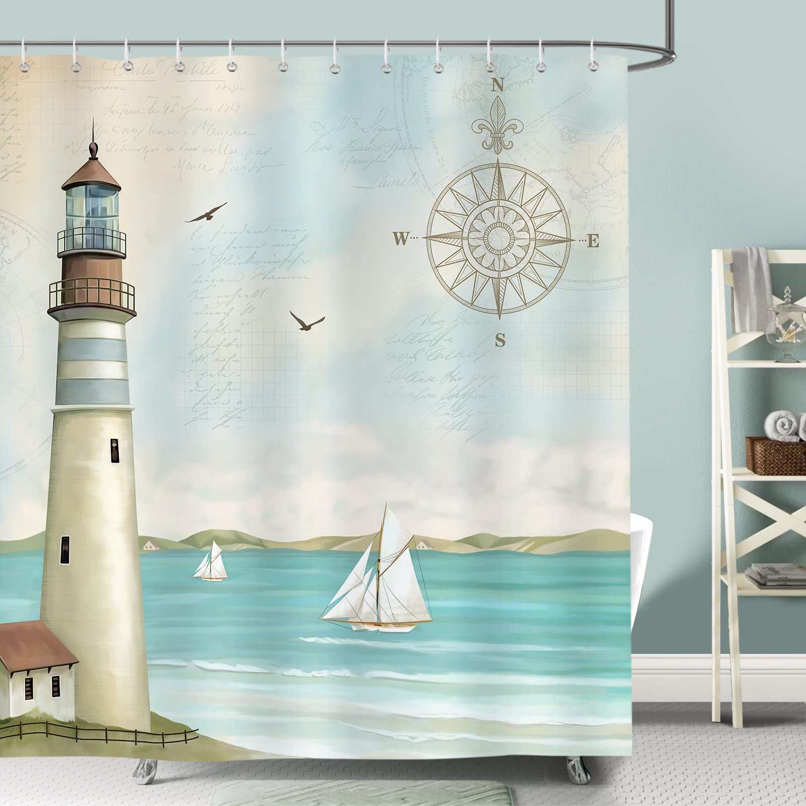 Bonhause Nautical Lighthouse Shower Curtain | Waterproof Polyester, 180x180cm