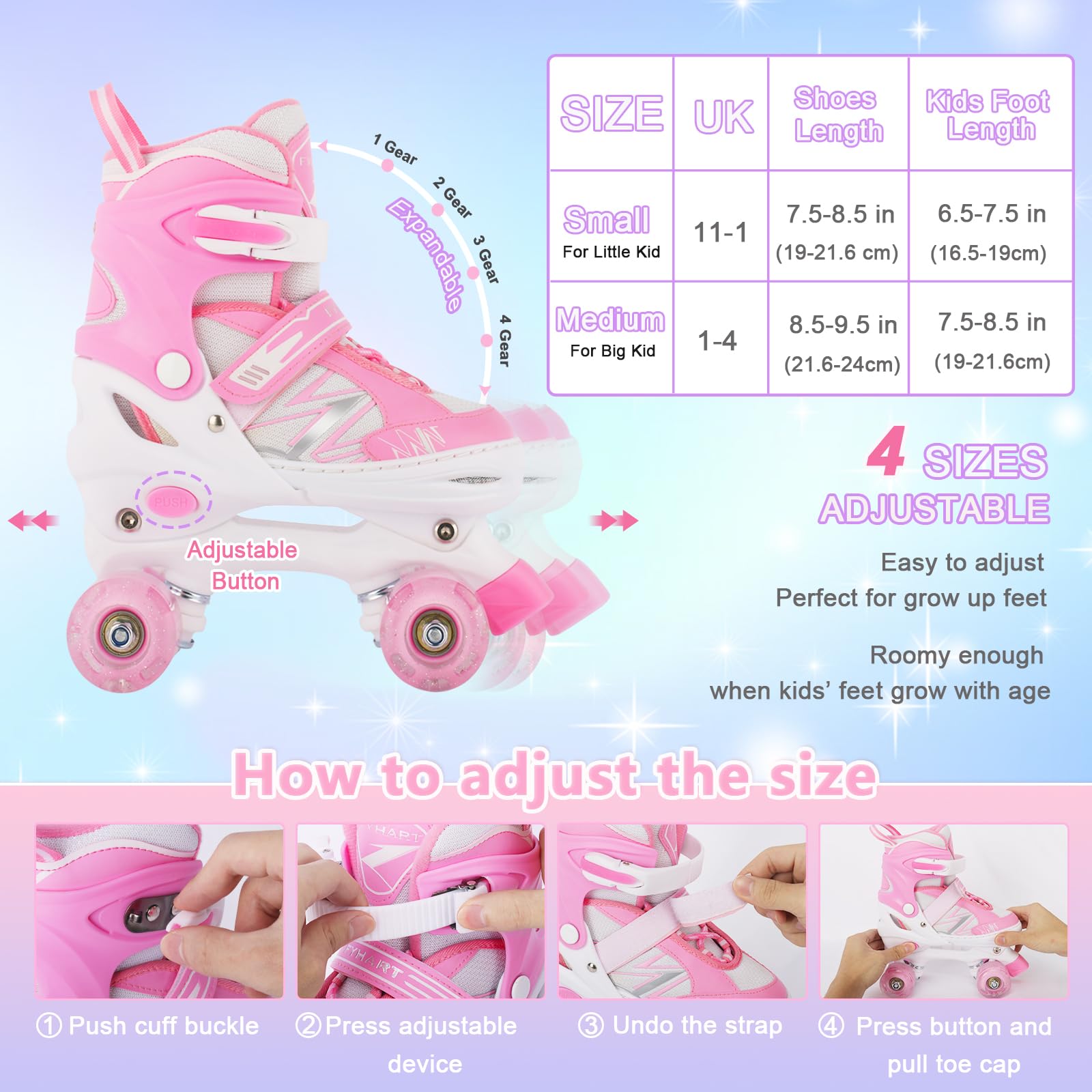 Girls Roller Skates – Adjustable Light Up Wheels, Pink White
