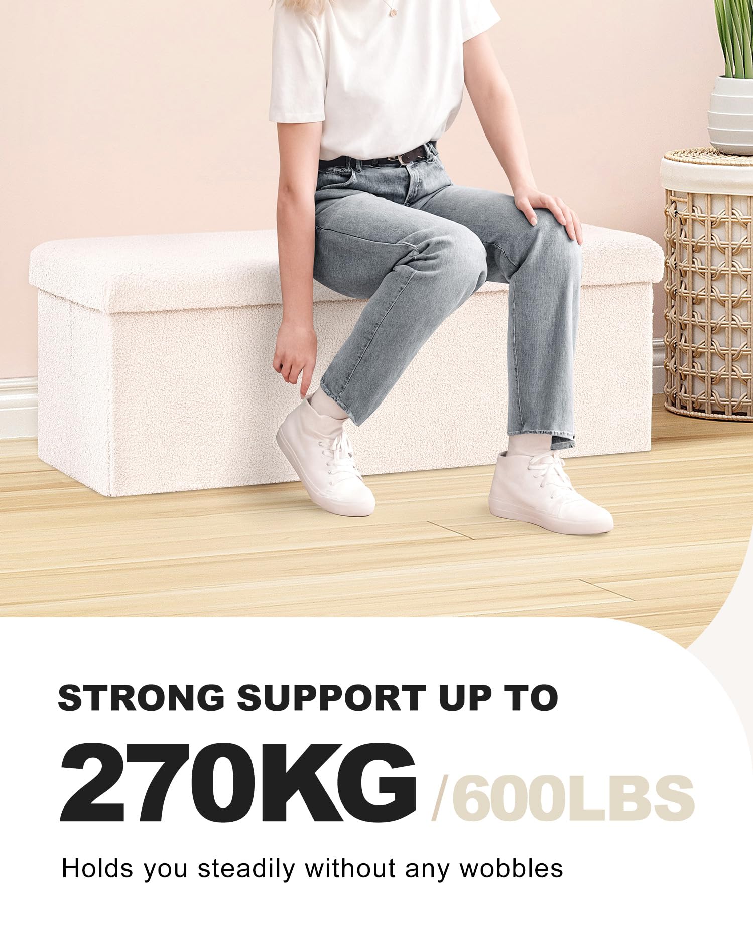 Bonlife White Boucle Folding Storage Ottoman Bench - 110cm Sherpa Footstool