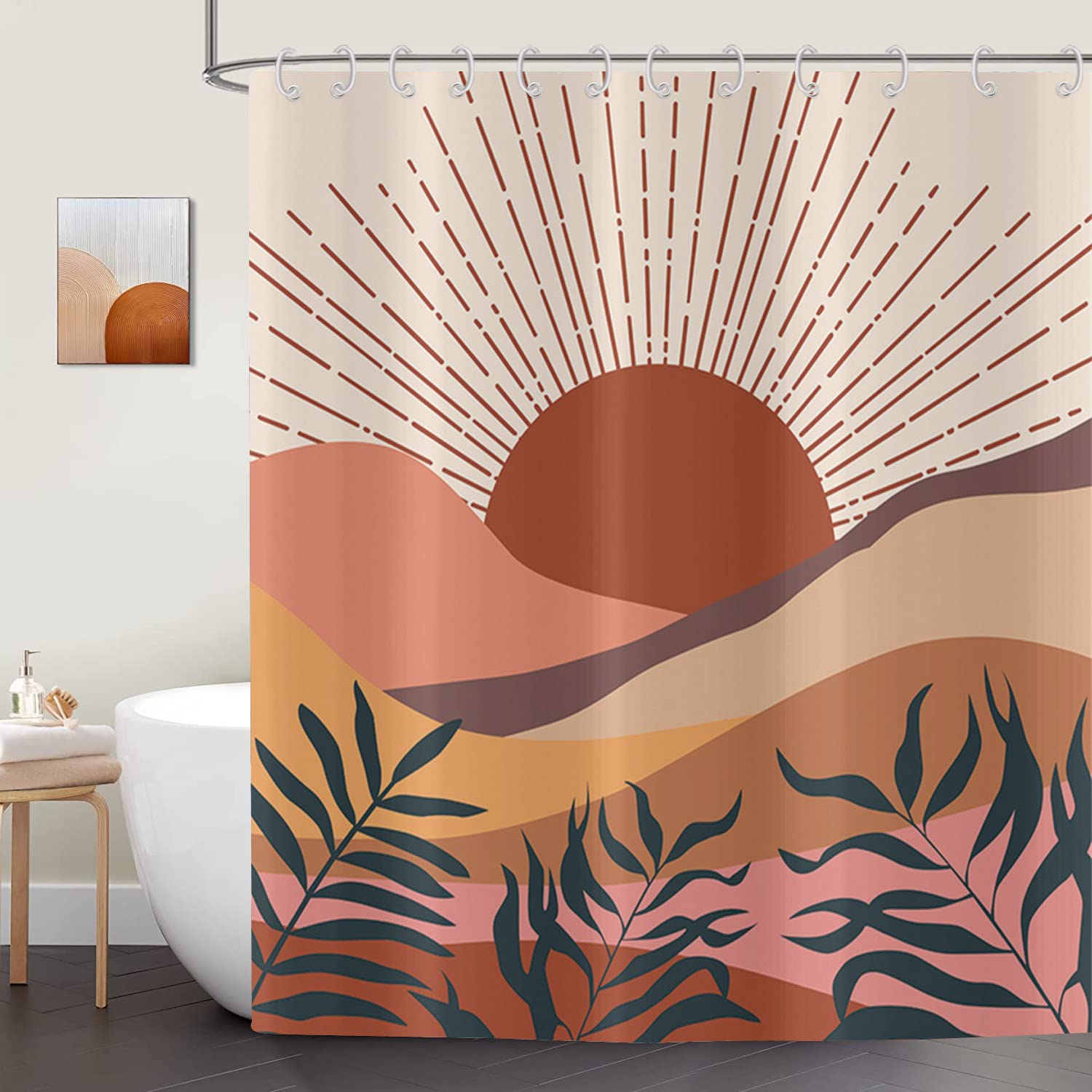 ASDCXZ Boho Shower Curtain | Abstract Sunset Leaves Waterproof Polyester