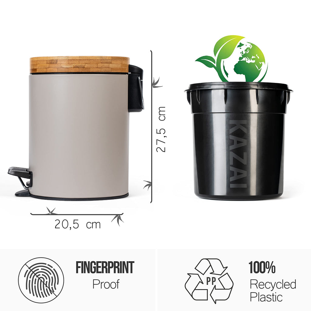 Kazai 5L Bathroom Bin | Soft Close Bamboo Lid & Matte Taupe Finish