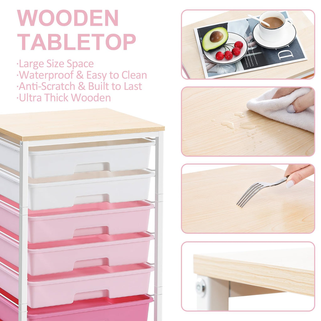 SYKIARIOL 8-Drawer Rolling Storage Trolley | Wooden Top Utility Cart