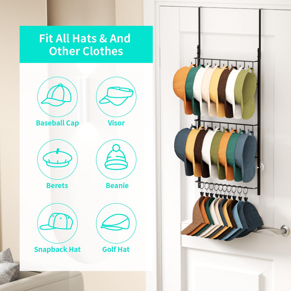 HapiRm Over Door Hat Rack - 3-Tier Wall Mounted Hat Storage Hold to 26 Caps - image 4