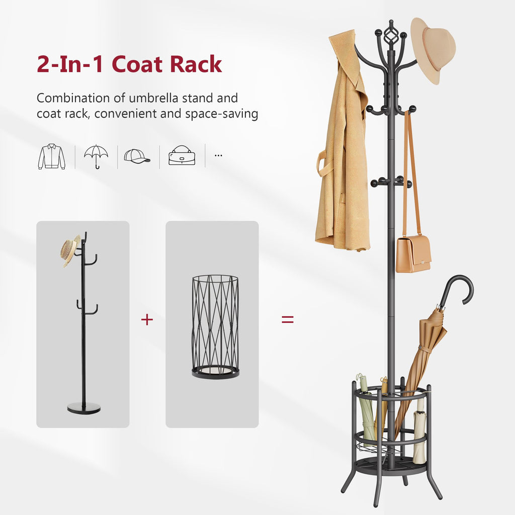 Tajsoon Coat Tree with Umbrella Stand, Coat Rack With 16 Hooks, Grey - image 3
