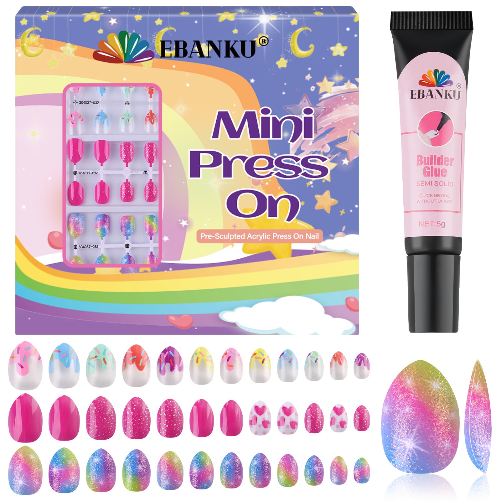 EBANKU 72 Pcs Kids Press on Nails – Short Acrylic False Nail Art for Girls