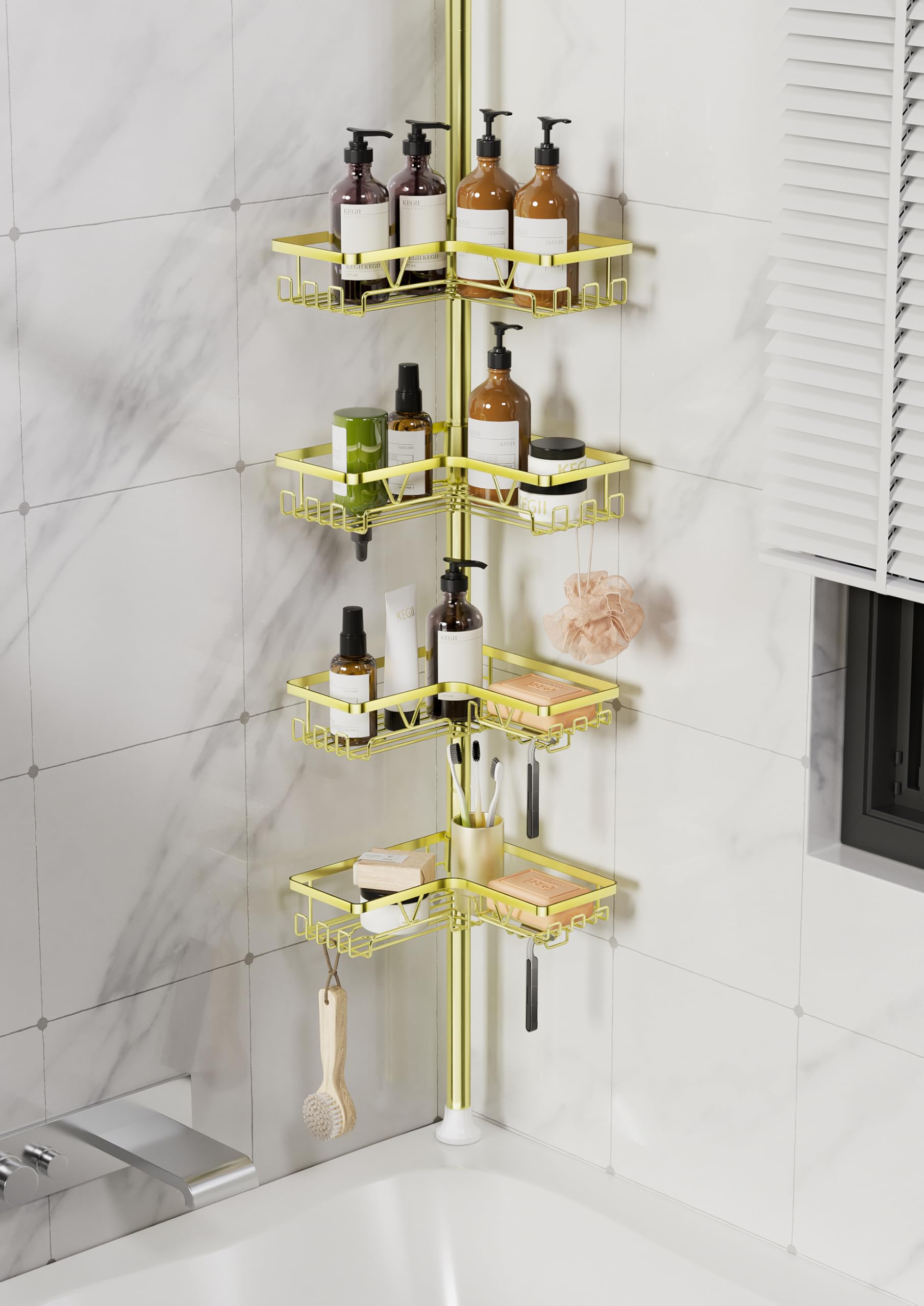 Kegii 4-Tier Corner Shower Caddy – Gold Stainless Steel Tension Pole