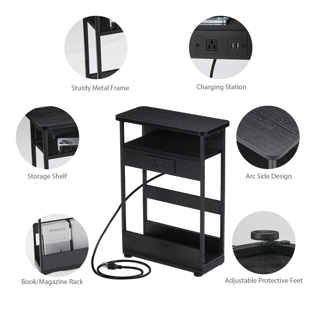 YEAKOO Narrow Side Table with Charging Station | 3-Tier Slim End Table