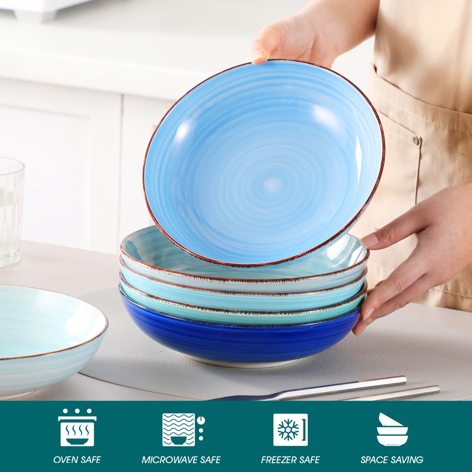 vancasso Bonita 38 oz Ceramic Pasta Bowls | Set of 6 Large Salad Bowls