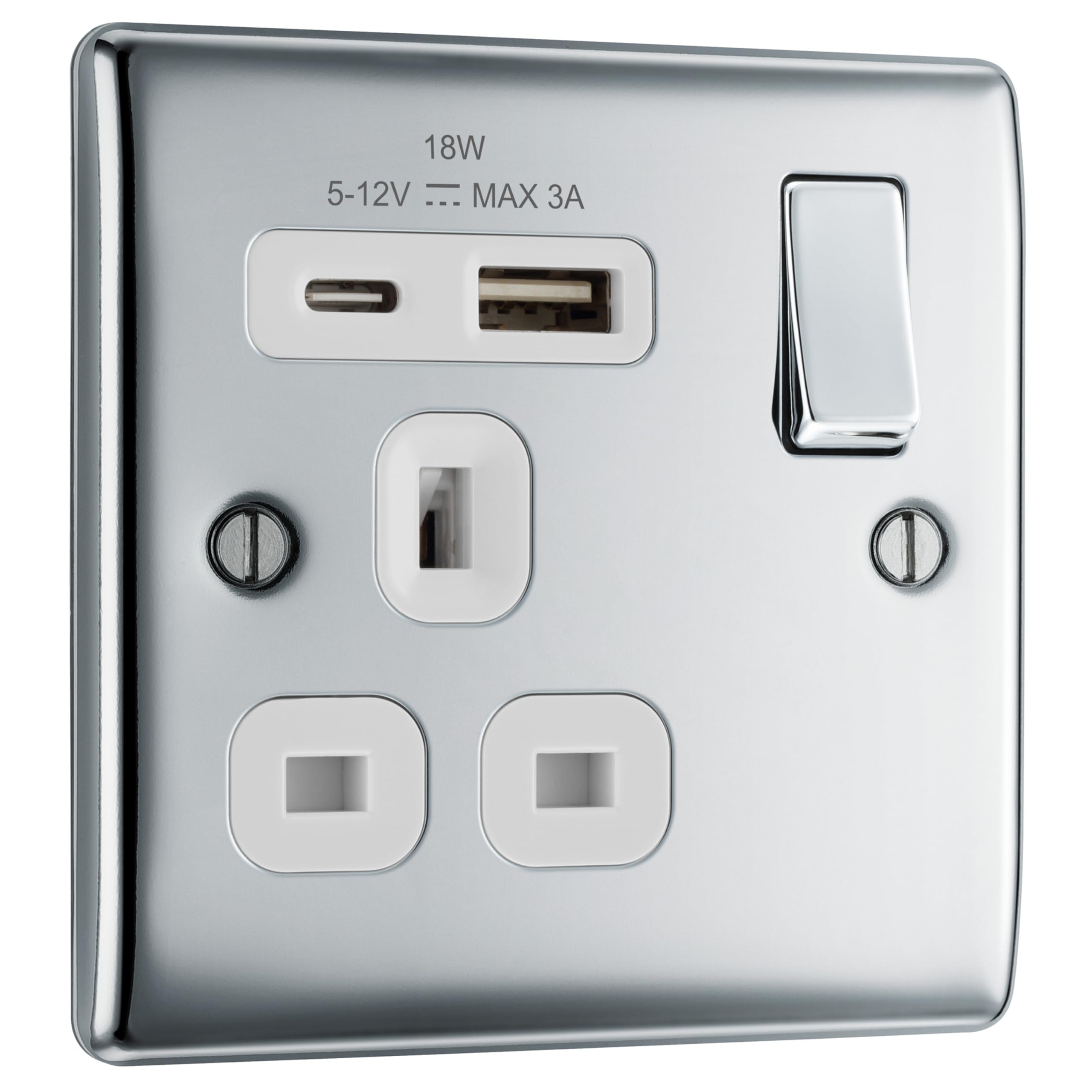 BG Electrical 18W Single Wall Socket | USB A & C Fast Charge | Chrome