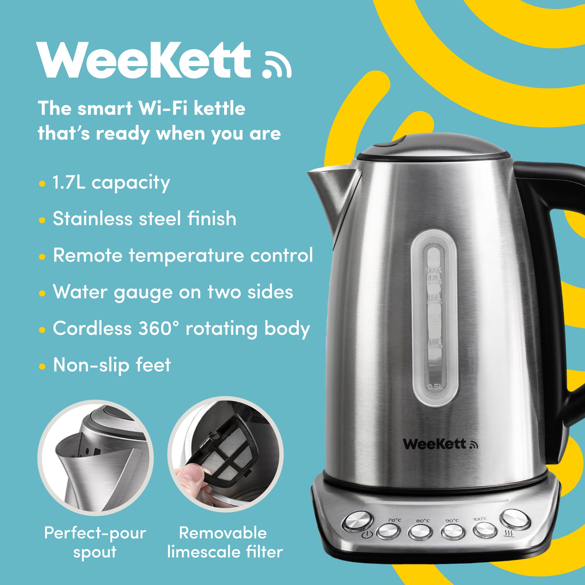 WeeKett Smart Kettle | 1.7L Voice Control Stainless Steel Electric Kettle