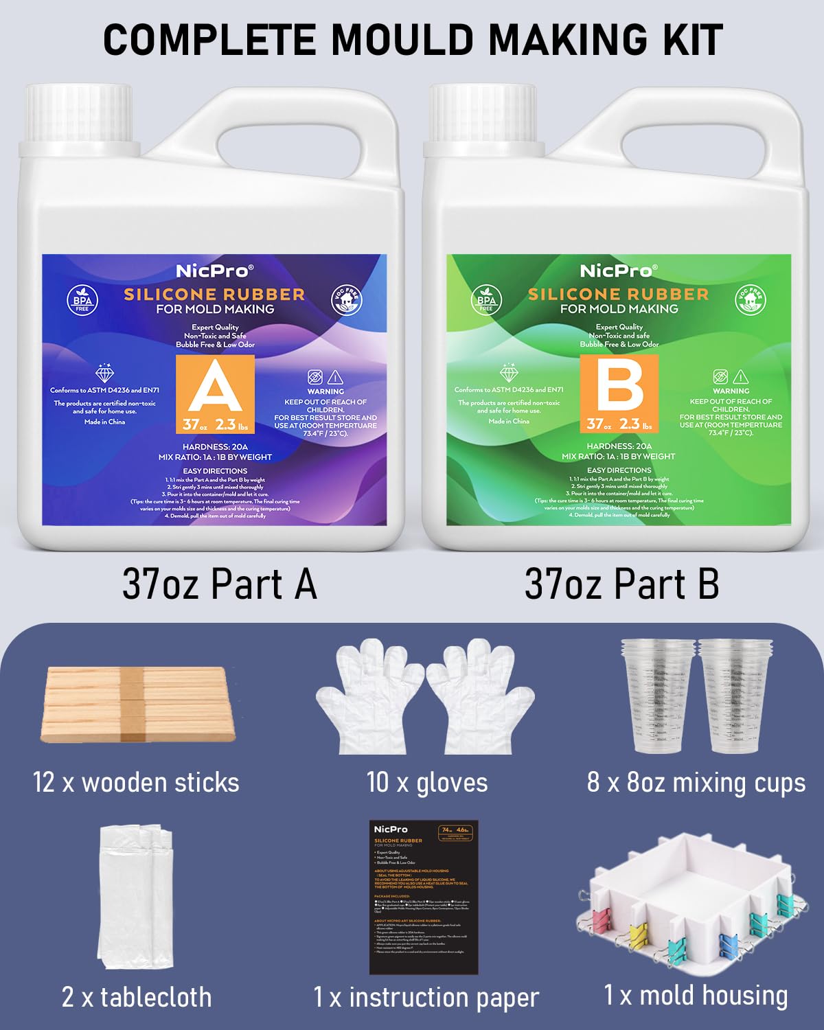 Nicpro 74oz Silicone Mold Making Kit | Food Safe Platinum Liquid Rubber
