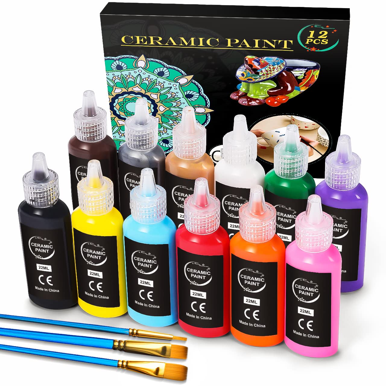 Ratel Ceramic Paint Set – 12 x 22ml Water Resistant Porcelain Paint & Brushes