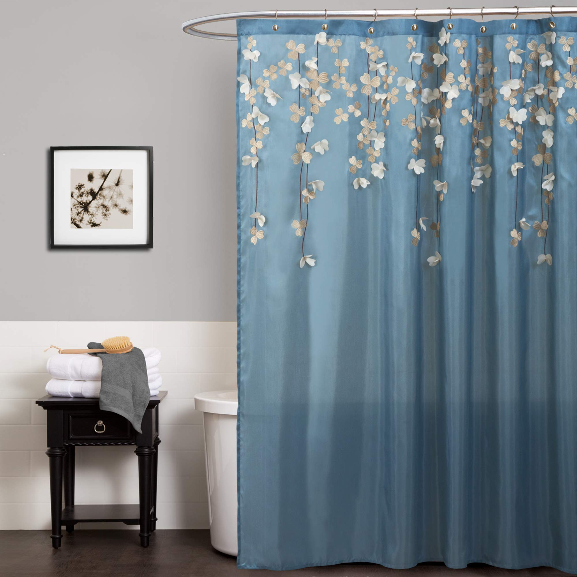 Lush Decor Floral Shower Curtain – 3D Flower Faux Silk, 72x72, Blue