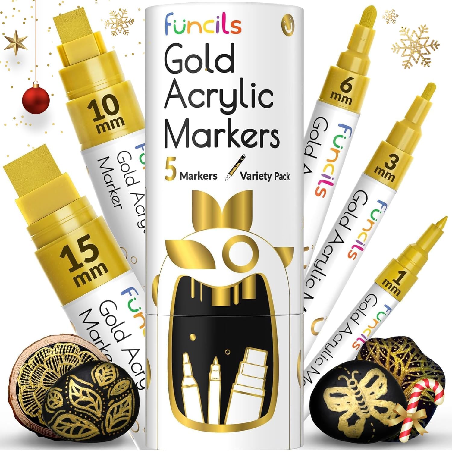 Funcils Gold Acrylic Paint Pens - 5 Pack Metallic Markers for Wood & Metal