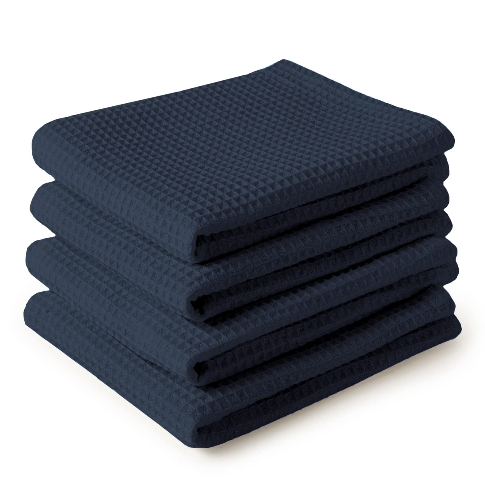 Encasa XO Cotton Kitchen Dish Towels - Navy Blue Waffle Weave - Set of 4
