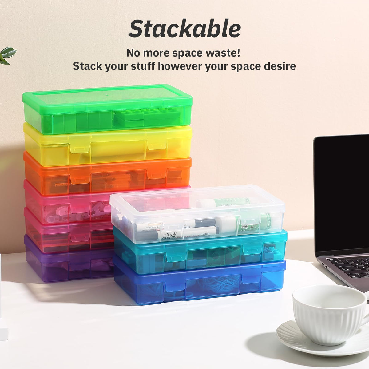 novelinks Medium Plastic Storage Boxes with Latching Lids – 9 Pack Stackable Craft Organizers for Supplies, Pencils, Crayons, Beads - image 4