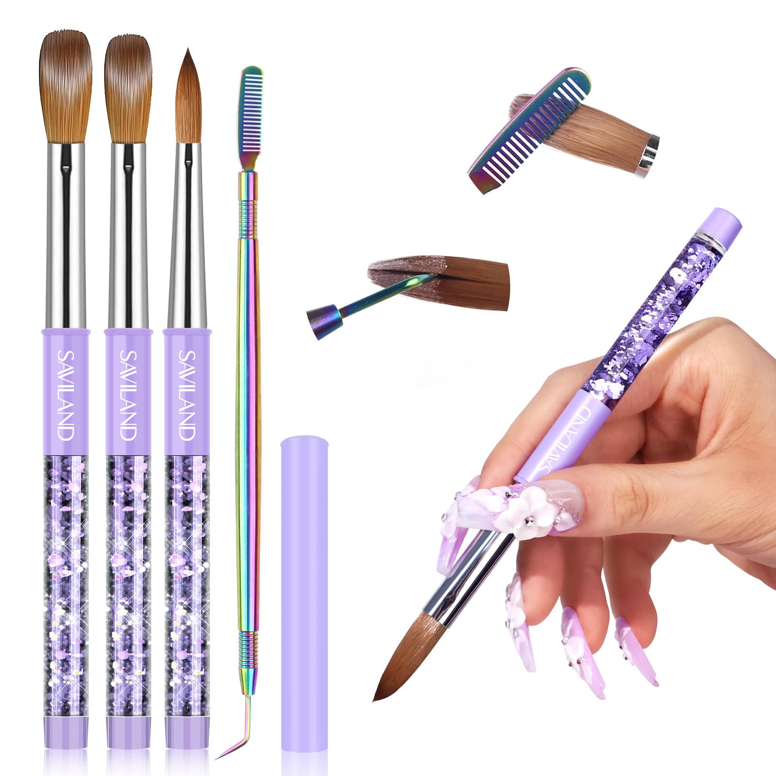 SAVILAND Kolinsky Acrylic Nail Brush Set | Sizes 6, 10, 14 | Purple Handle