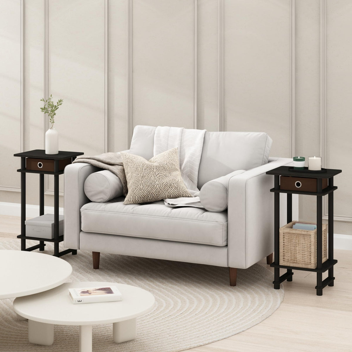 Furinno MODERN Side Table Set of 2, 3-Tier End Table with Storage Bin, Open Shelf Night Stand, Bedside Table, for Living Room, Bedroom, Black Espresso - image 1
