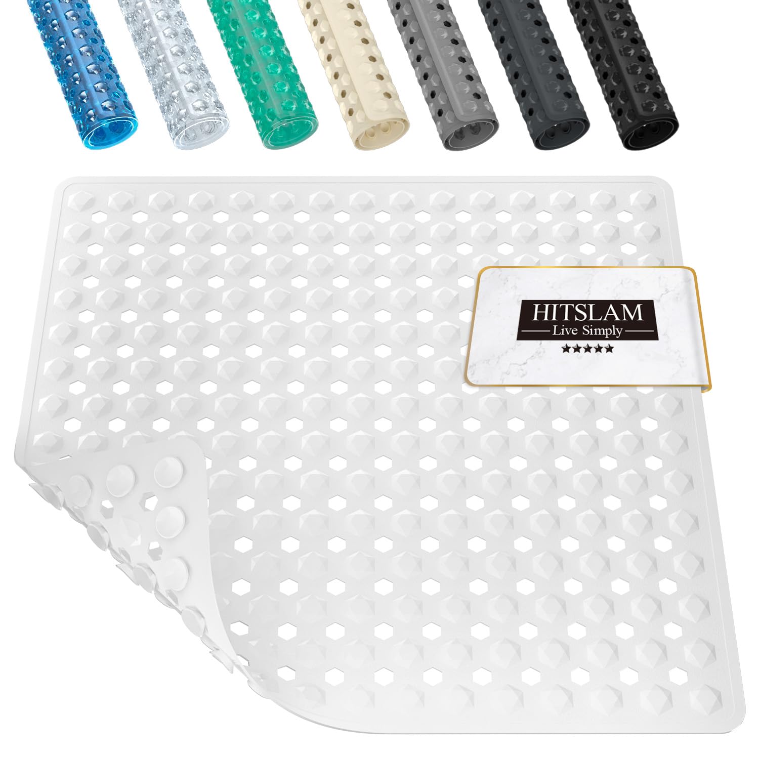 HITSLAM Non Slip Shower Mat | 53x53cm Anti Mould Square Bath Mat - White