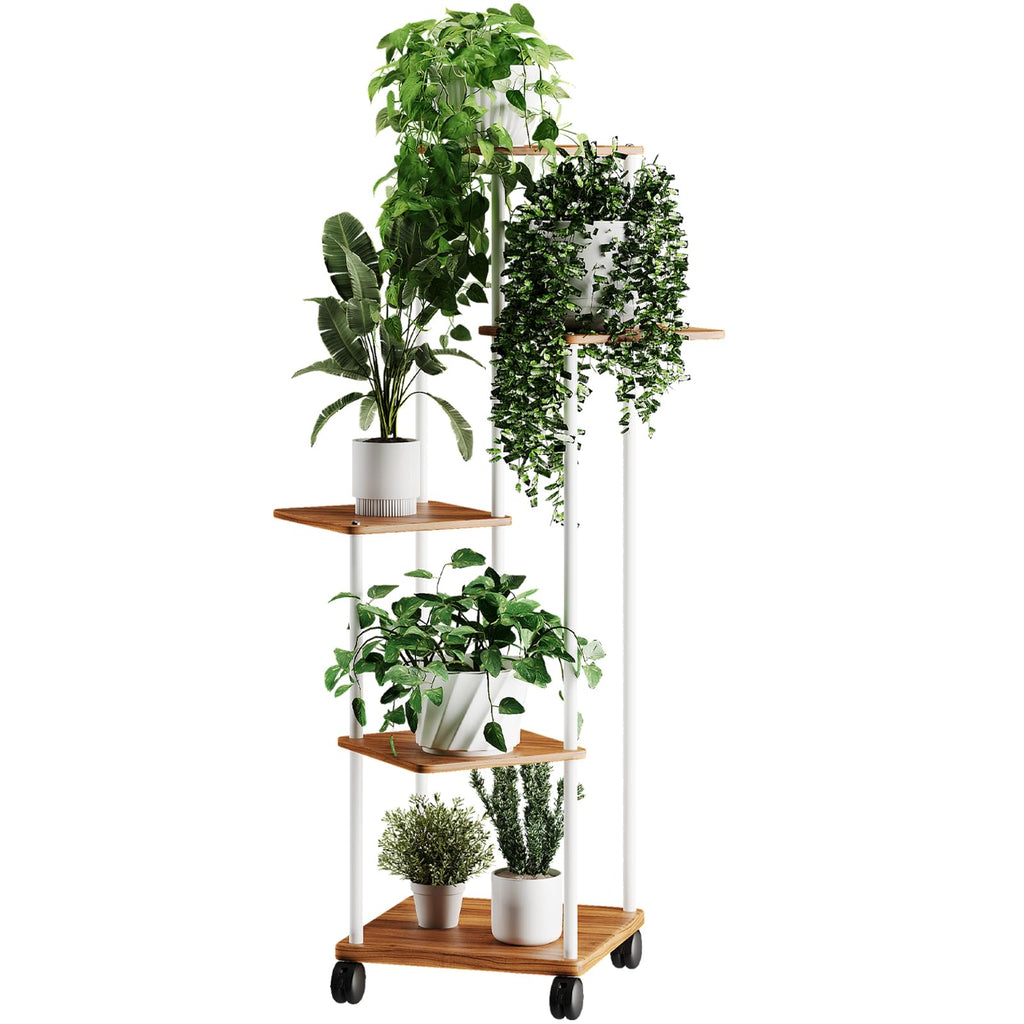 Jolof Store 5-Tier Wooden Plant Stand | Multi-Tier Flower Shelf with Wheels