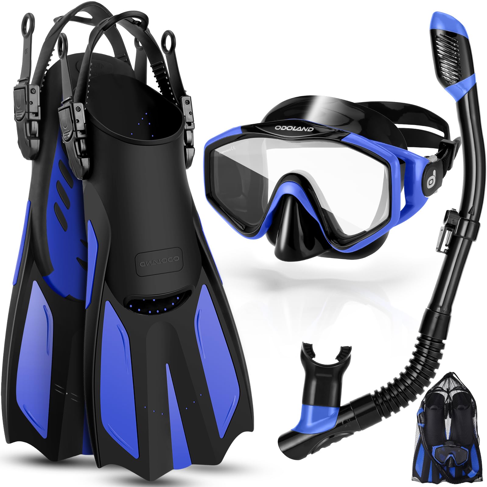 Odoland Snorkel Set | Panoramic Mask, Dry Top Snorkel & Fins - Blue