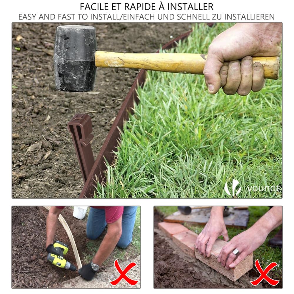 VOUNOT Flexible Garden Edging - 20m Brown Lawn Border with 12 Pegs