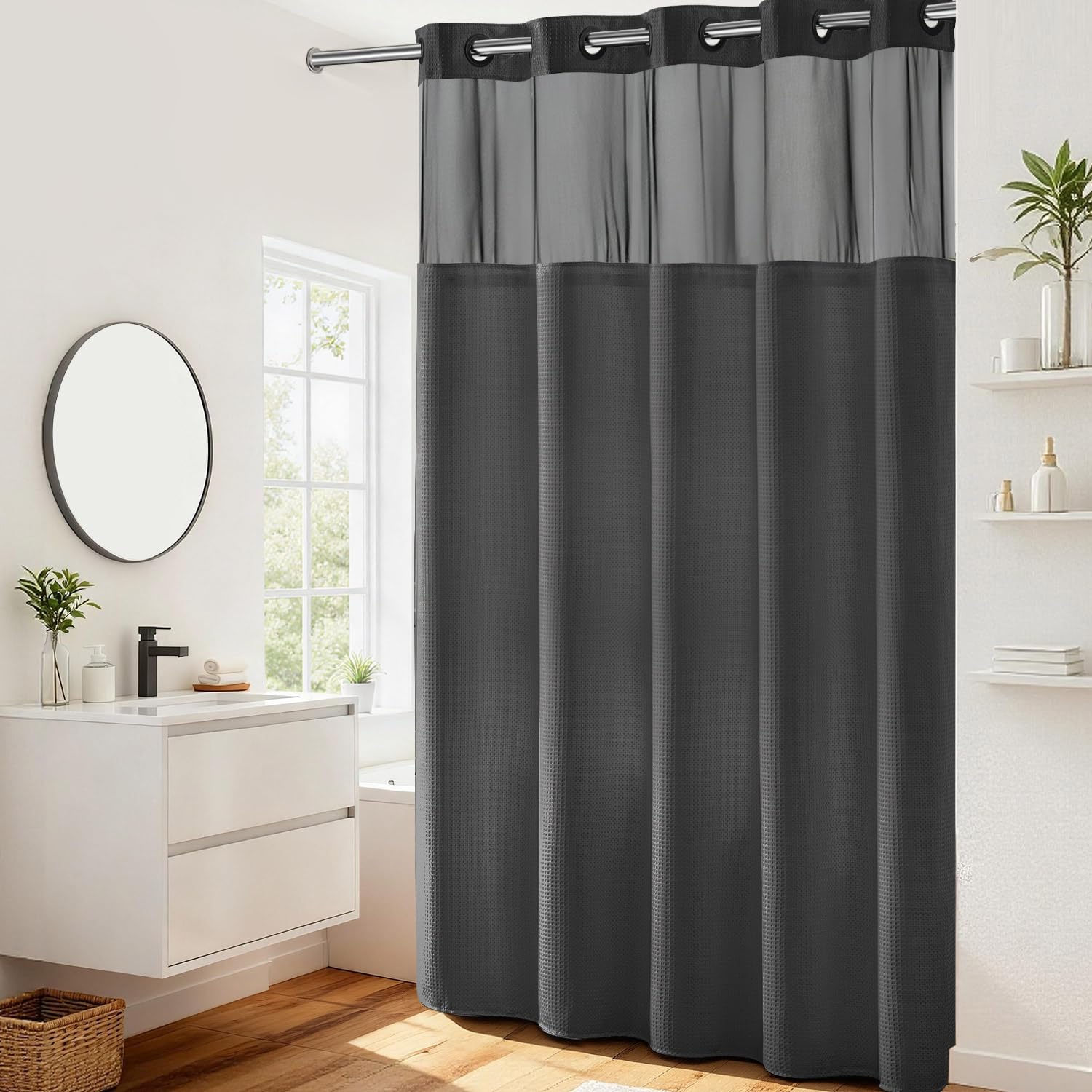 River Dream Waffle Shower Curtain with Snap-in Liner – Graphite Grey