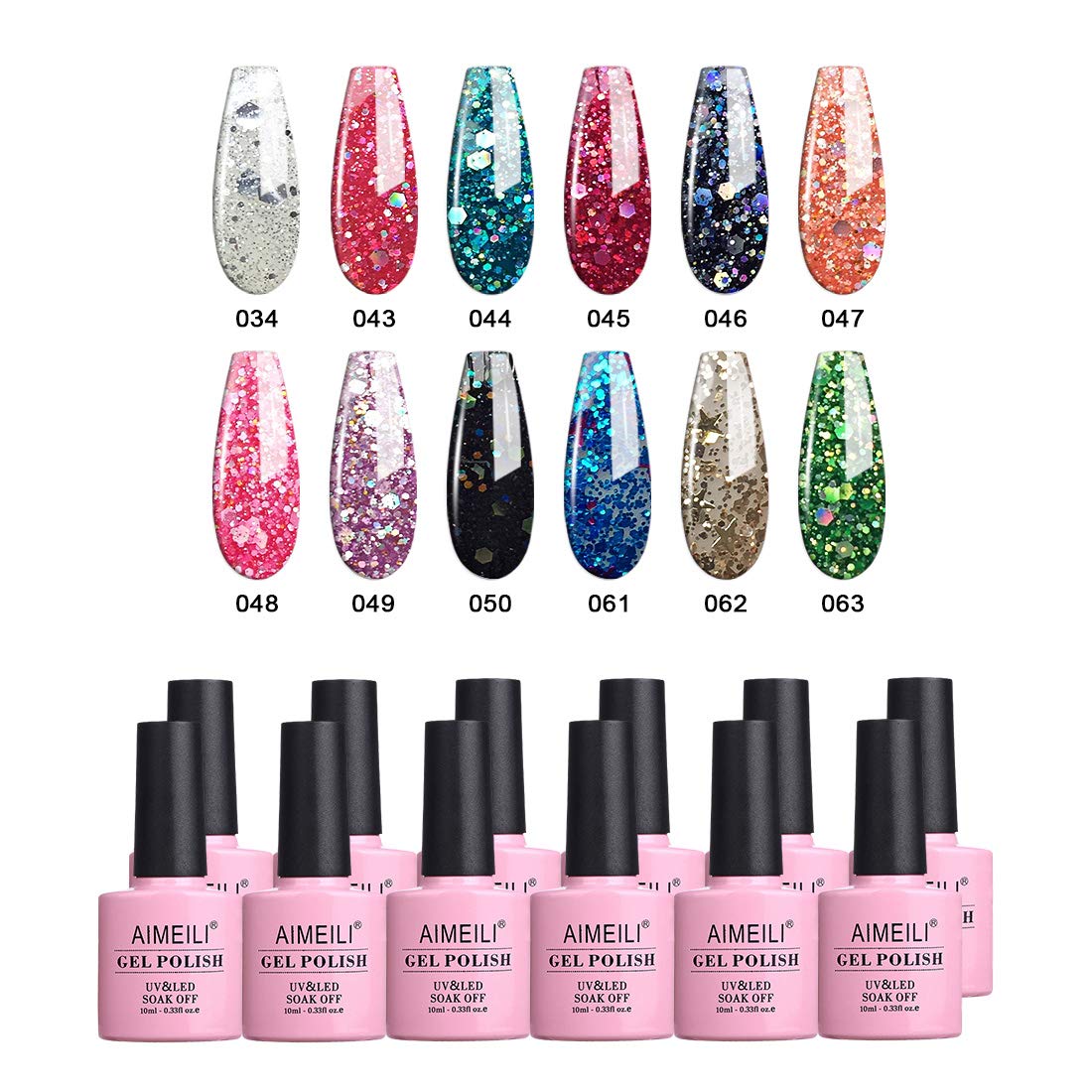 AIMEILI 12pc Glitter Gel Nail Polish Set - Soak Off UV LED Kit 7