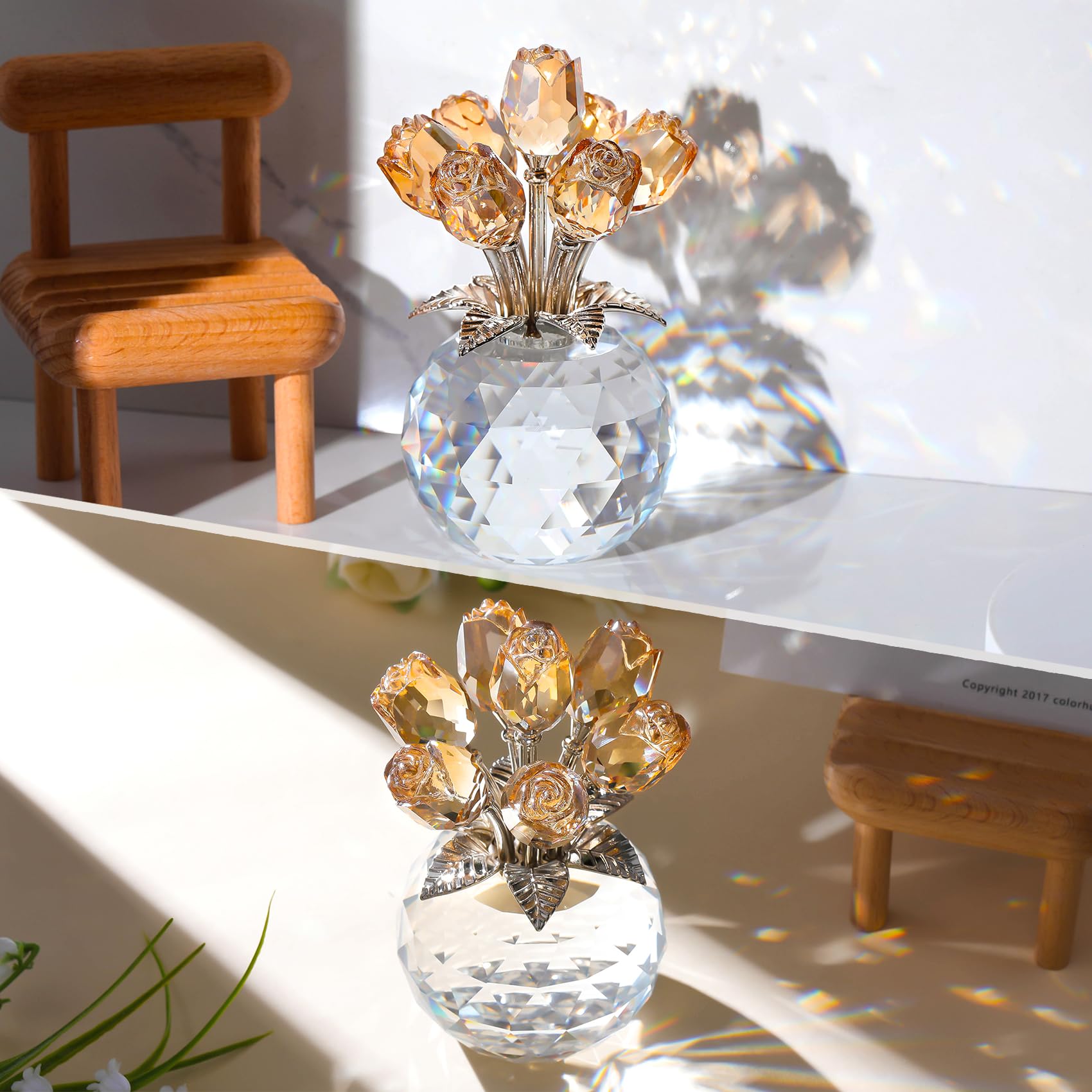 Ornalrist Crystal Gold Roses Figurine | K9 Glass Flower Bouquet with Vase