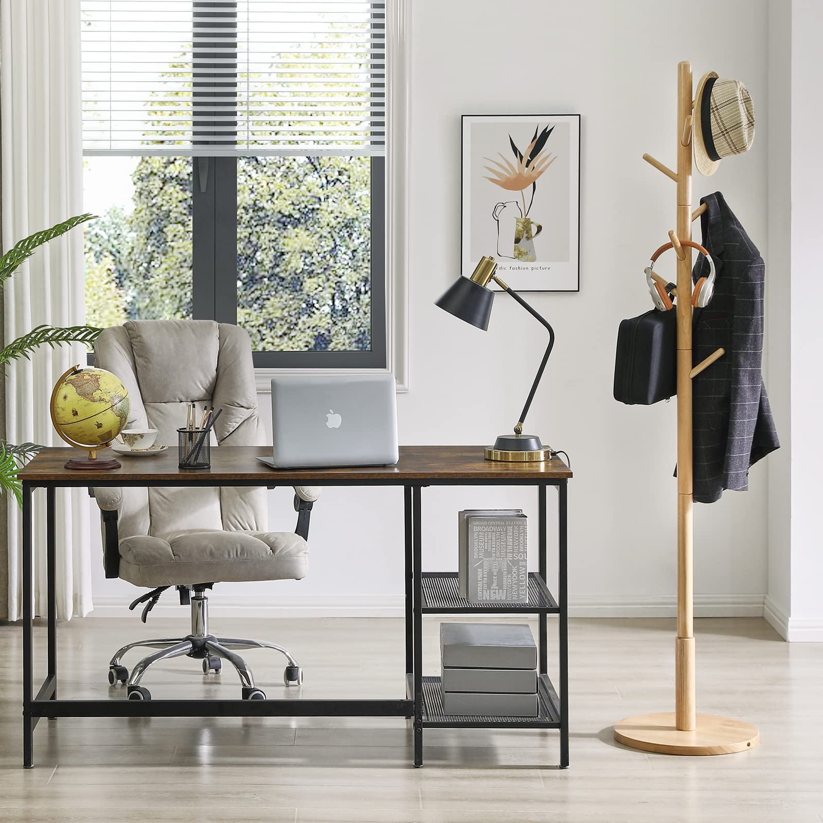 IBUYKE Solid Wood Coat Tree | 8-Hook Free Standing Rack with Round Base
