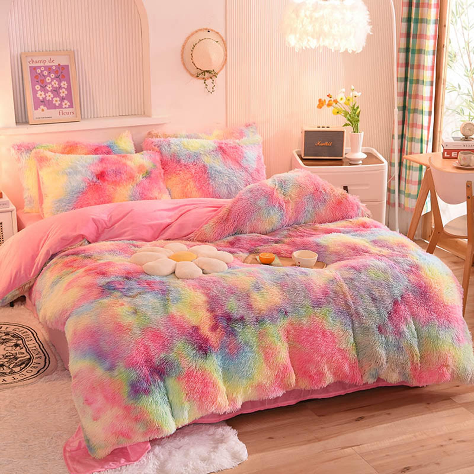 ZIQINPSQ Tie Dye Plush Shaggy Duvet Cover Set | Pink Faux Fur Bedding