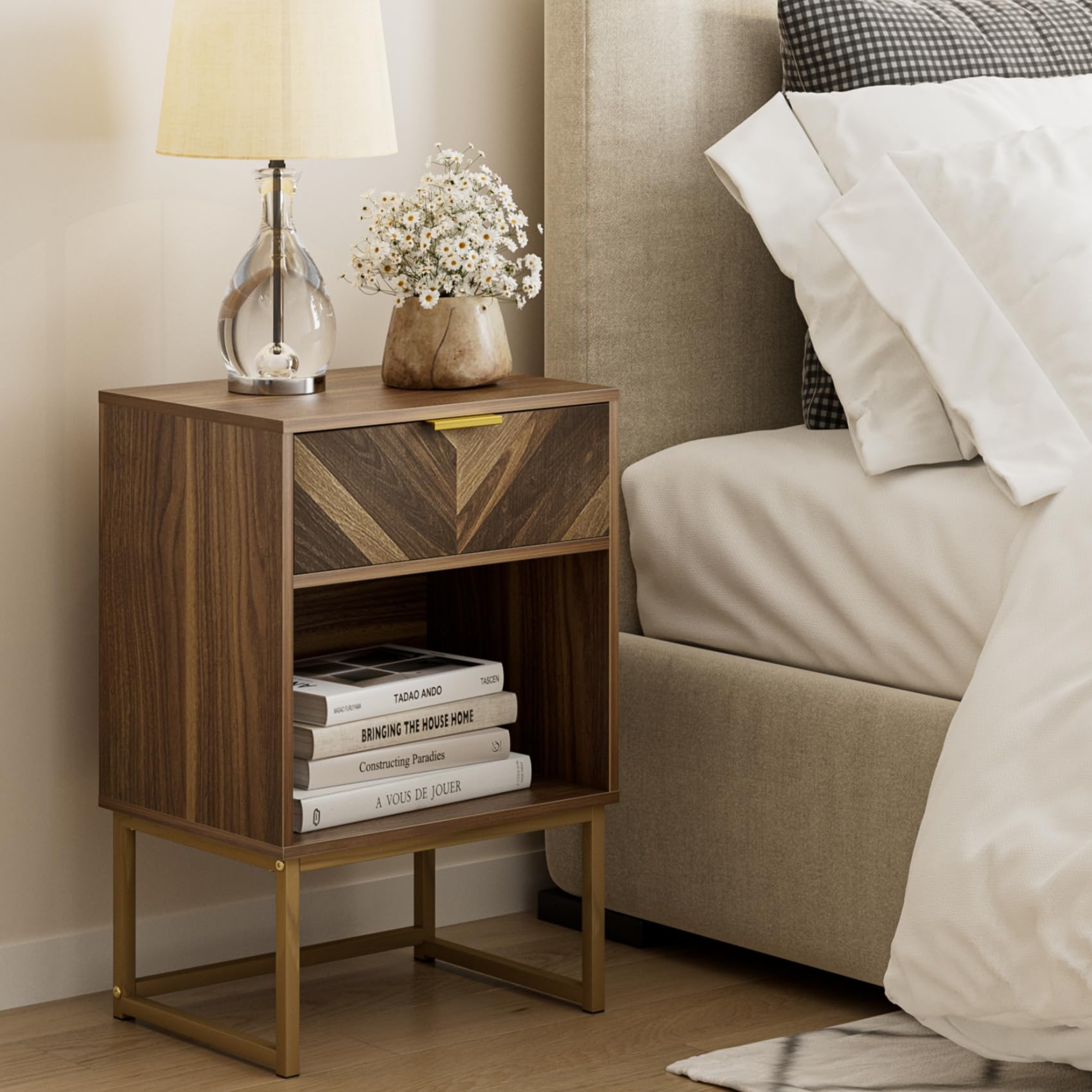 HEYZOEY Modern Bedside Table - Oak Nightstand with Drawer and Shelf