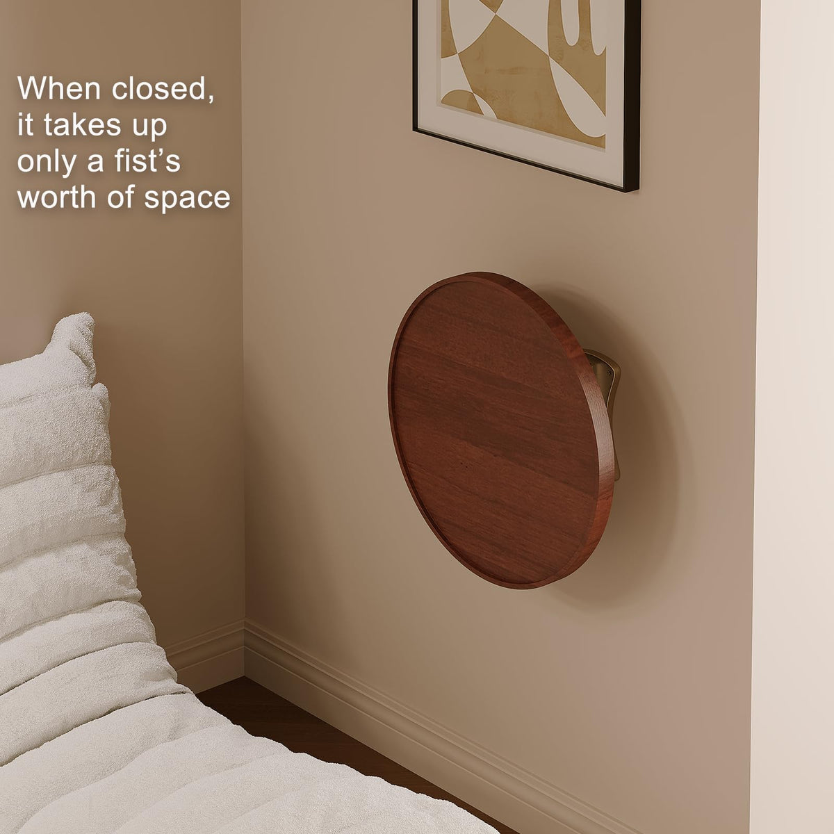 Vanpoo Wall Mounted Folding Table,Walnut Bedside Shelf Wall Mount Floating Wall Desk for Small Spaces,11.8" Round Wood TableTop with Aluminum Alloy - image 4
