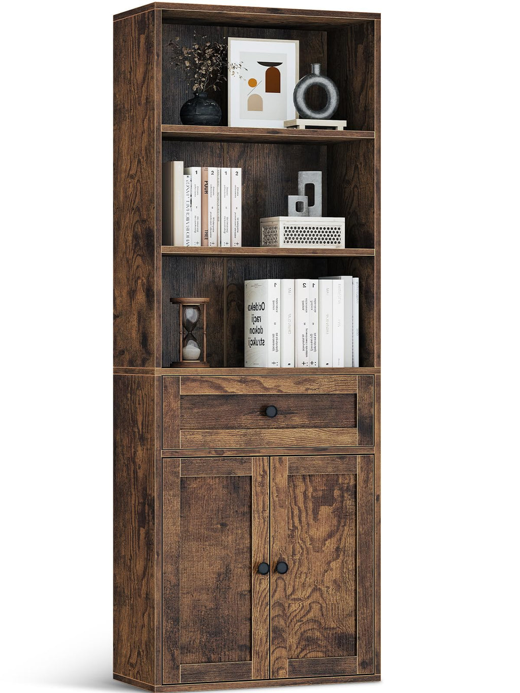 Coleshome 5-Tier Bookcase With Doors and Drawer, 48 x 24 x 164.2 cm, Brown - image 2