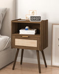 Rattan Nightstand – Farmhouse Bedside Table with Drawer, Walnut