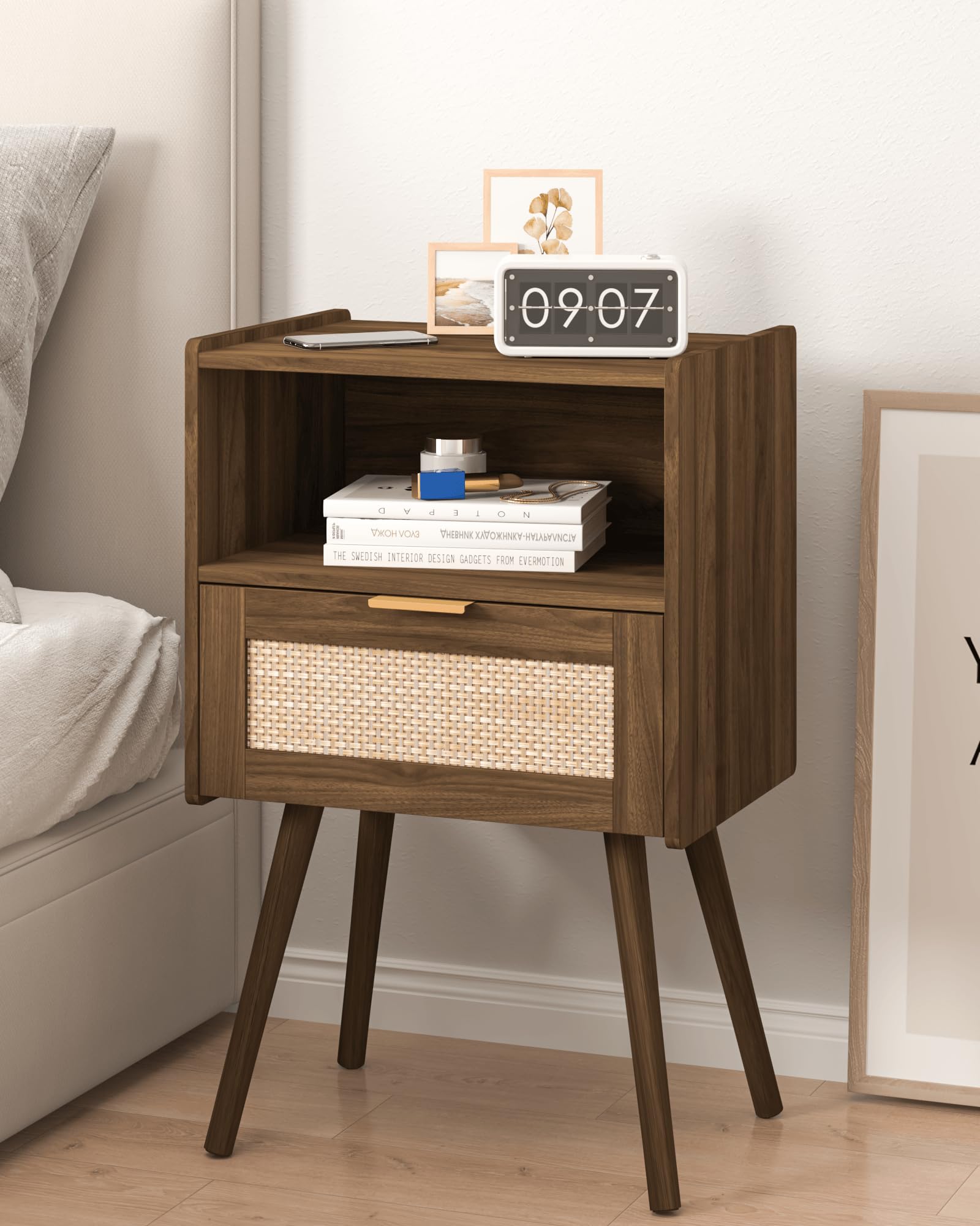 Rattan Nightstand – Farmhouse Bedside Table with Drawer, Walnut