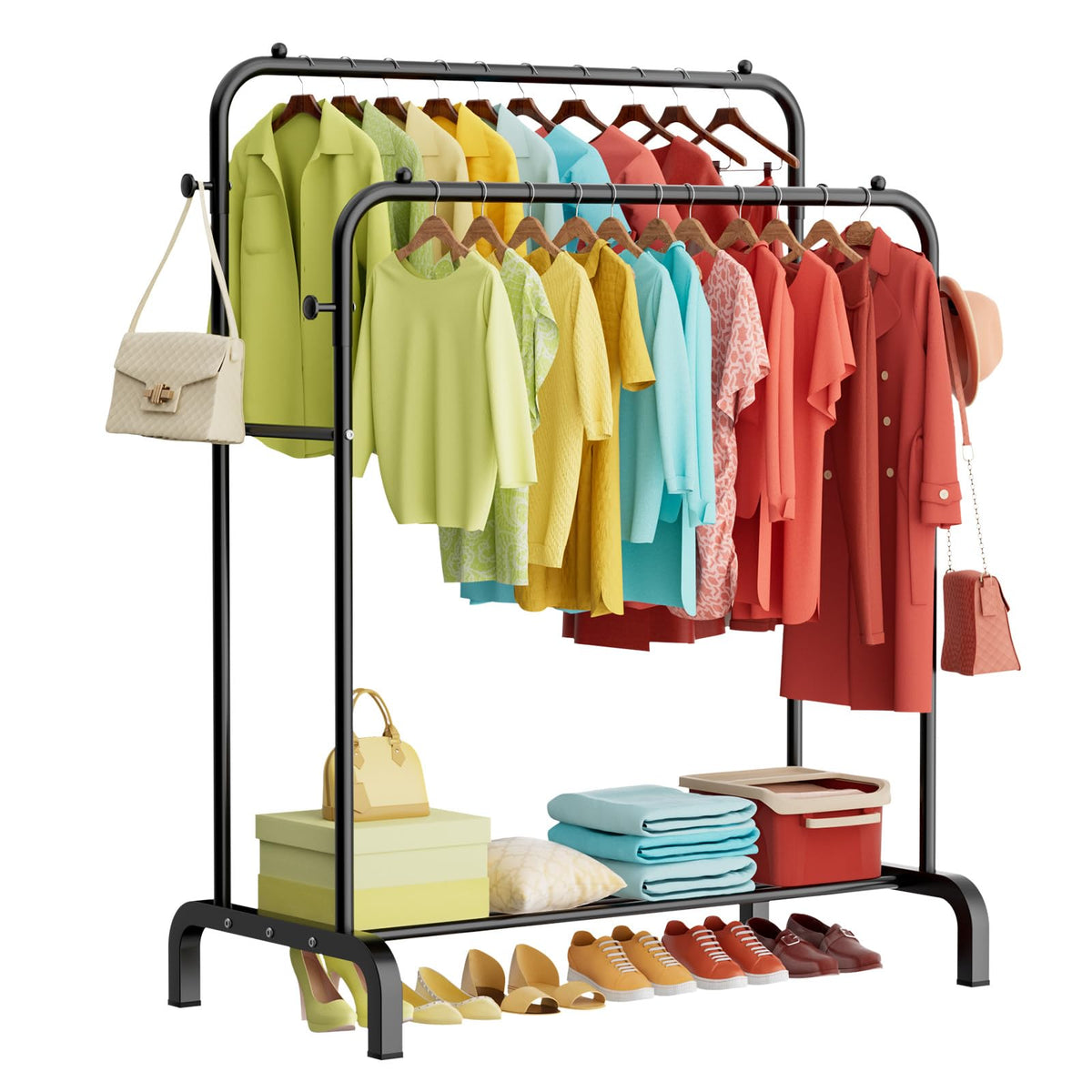 Clothes Rail With Shelves, Double Rods Clothing Rail for Bedroom, Black - image 1
