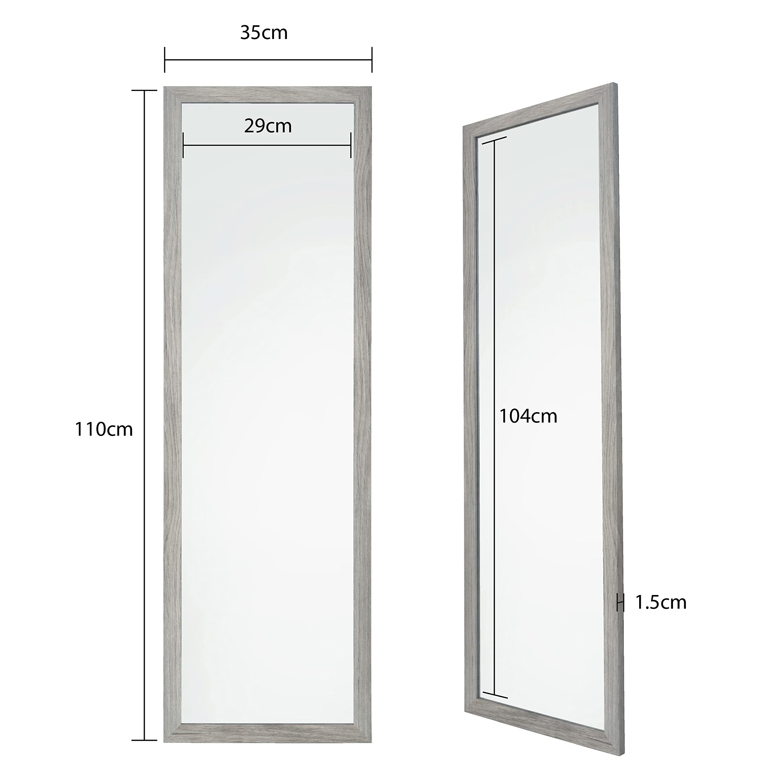 Full Length Wall Mounted Mirror | Grey Oak Wood | 35x110cm