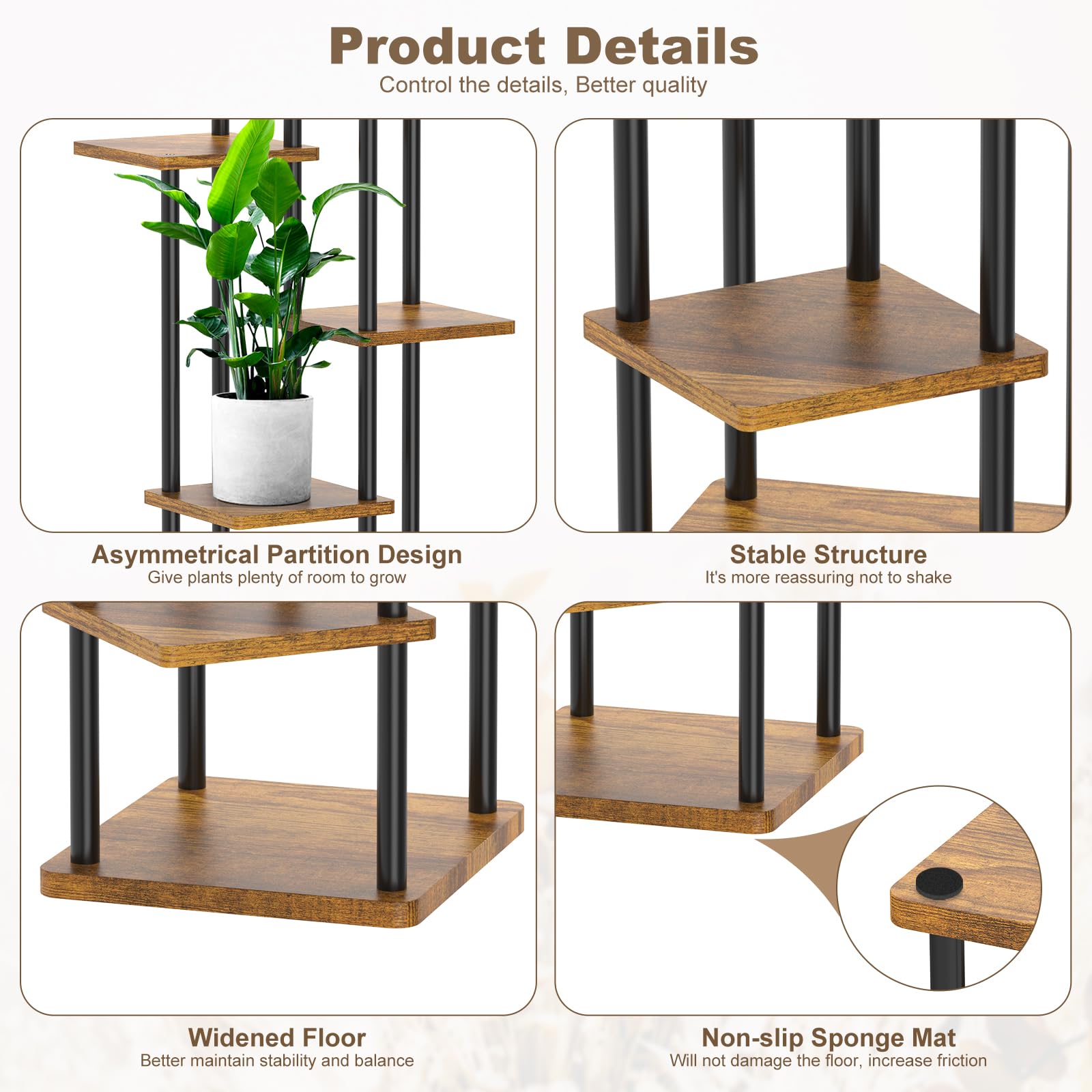 YOCOMEY 6-Tier Wood and Metal Plant Stand – Tall Indoor Corner Flower Rack