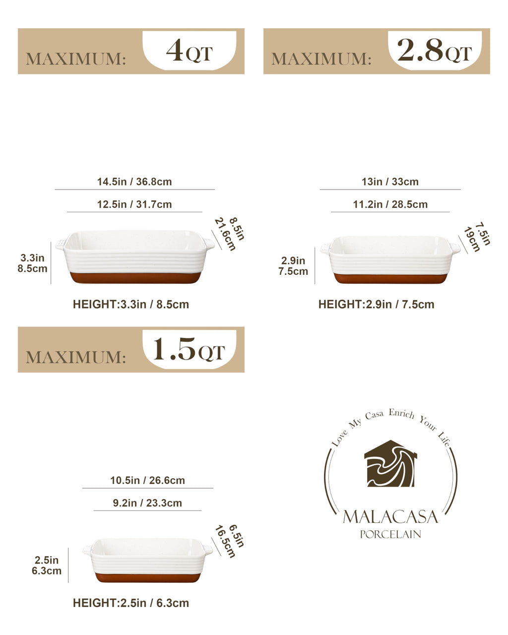 MALACASA Ceramic Casserole Dishes - 3-Piece Rectangular Baking Pan Set, Khaki