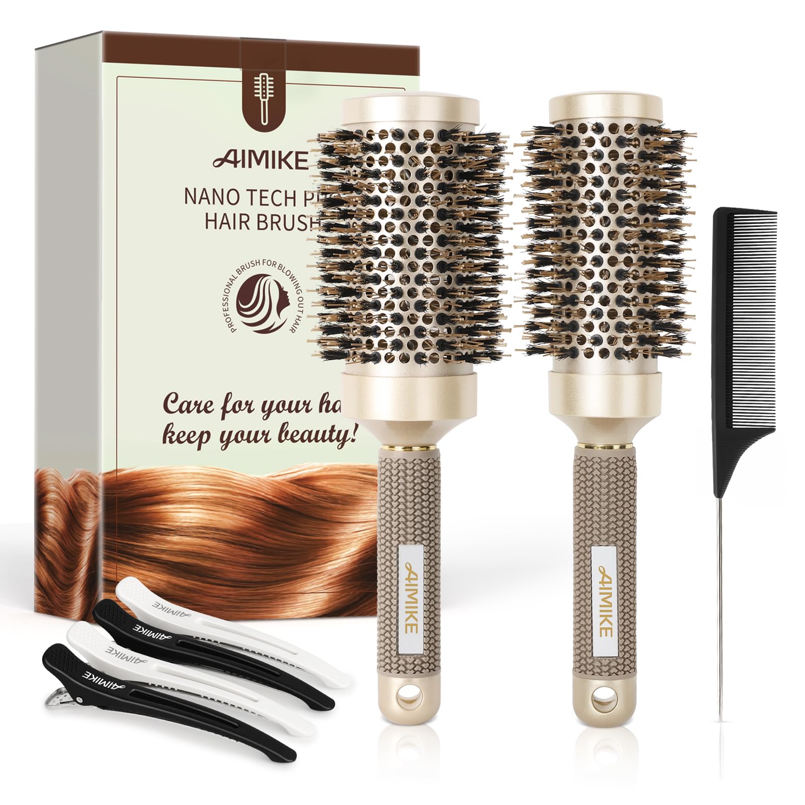 AIMIKE Nano Thermal Ceramic Round Hair Brush Set with Boar Bristles