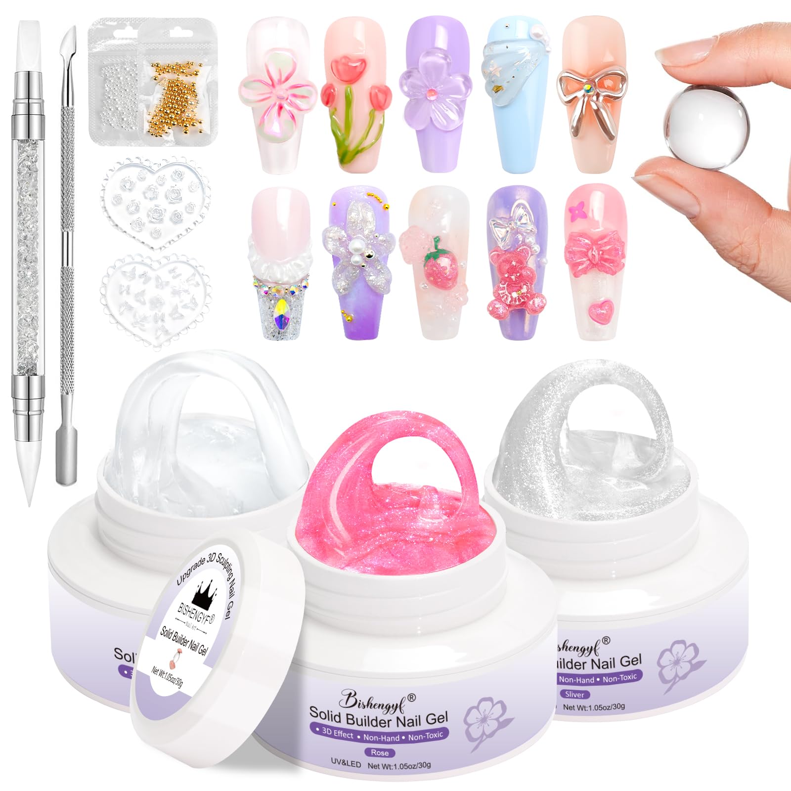 BISHENGYF 3D Sculpting Nail Gel – Non-Sticky Solid Builder Gel Kit, 30g